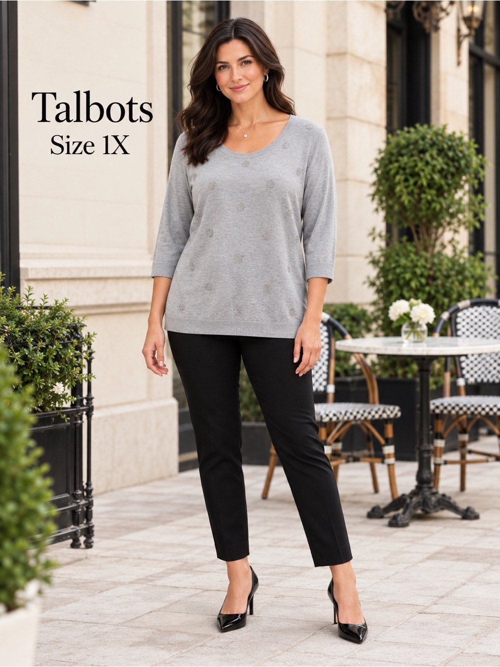 Talbots Woman 1X Gray Silver Beaded Polka Dot Sweater